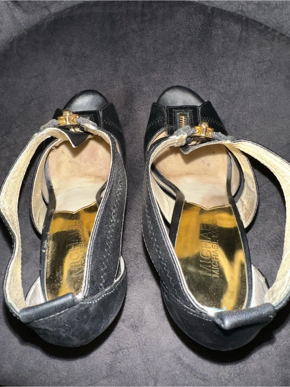 Michael Kors Berkley PlatformBlack Peep-Toe Strappy Heels with Gold Front Zipper